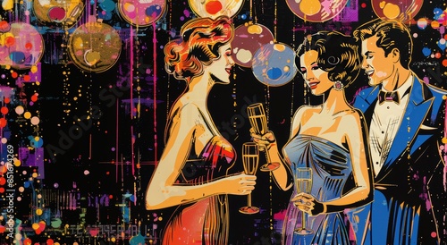 Trio Celebrating with Sparkling Wine Under Disco Balls
