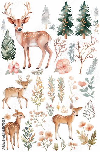Forest cartoon animals, , , leaves, stump, spruce, plants for cute baby cards and baby showers. Watercolor set