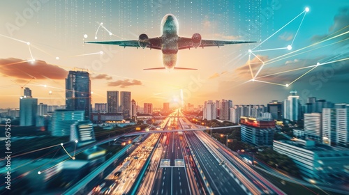 Technology digital future of commercial air transport concept, Airplane taking off from airport runway on city skyline and world map background with copy space, Moving by speed motion blur effect