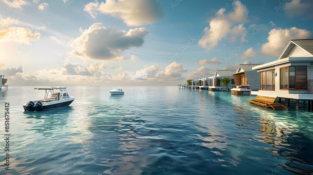 Naklejka premium Beautiful view of the resort with overwater villas. The concept of advertising holidays, travel. Luxury resort, banner background with copy space. 