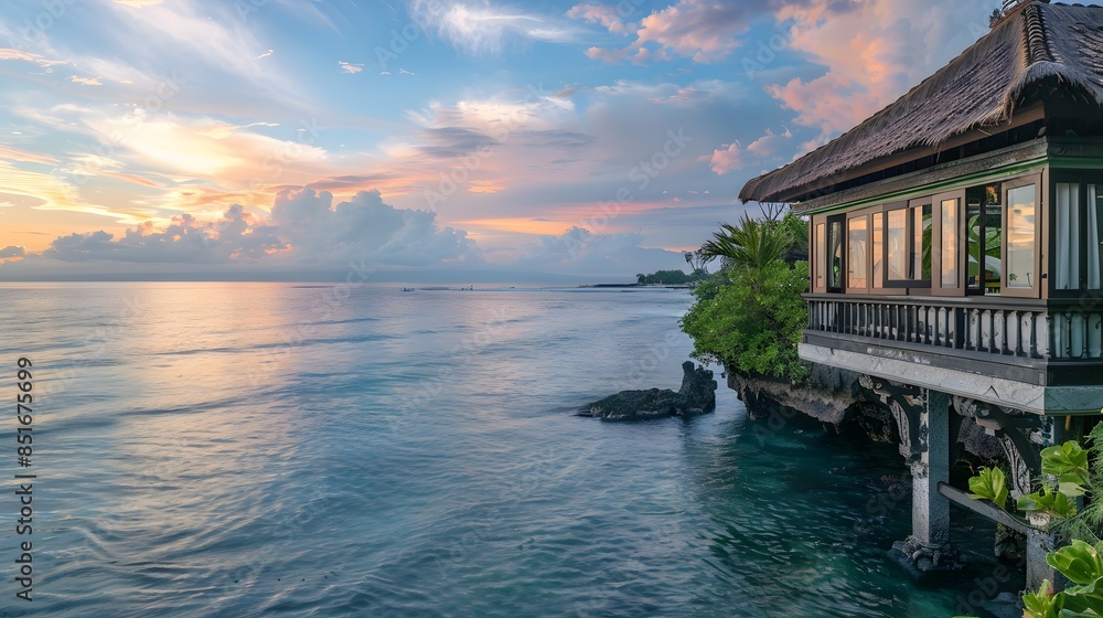 Fototapeta premium Gorgeous view of the ocean. A beautiful overwater house. On the Sunset. Resort, banner background with copy space.