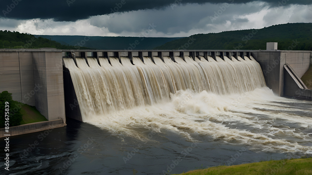 a hydroelectric dam during a storm, with dark clouds overhead and water rushing forcefully through the spillways, emphasizing the power and scale of the structure a hydroelectric dam during a storm, with dark clouds overhead and water rushing forcefully through the spillways, emphasizing the power and scale of the structure