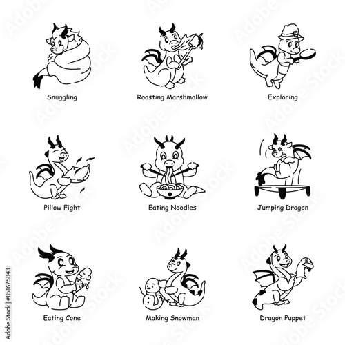 Set of Cute Little Dragons Doodle Icons 


