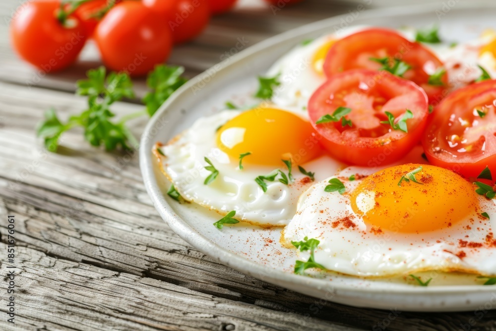 Freshly prepared sunny side up eggs with tomatoes and herbs on a plate Freshly prepared sunny side up eggs with tomatoes and herbs on a plate