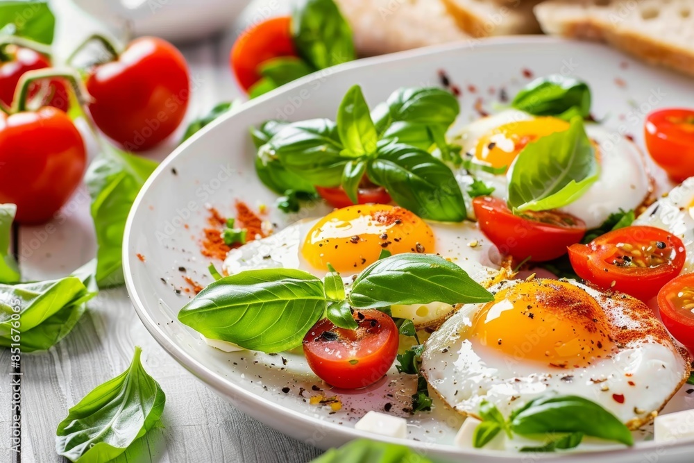 Fresh basil and tomato breakfast with sunny-side-up eggs Fresh basil and tomato breakfast with sunny-side-up eggs