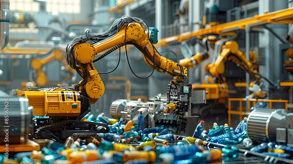A robot arm is picking up plastic bottles in an industrial factory. with other machines and robots that work in different recycling stages A robot arm is picking up plastic bottles in an industrial factory. with other machines and robots that work in different recycling stages