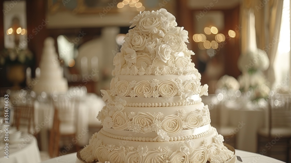 A beautifully detailed and intricately designed multi-tiered wedding cake adorned with elegant white frosting and delicate floral decorations in an upscale, sophisticated banquet setting A beautifully detailed and intricately designed multi-tiered wedding cake adorned with elegant white frosting and delicate floral decorations in an upscale, sophisticated banquet setting