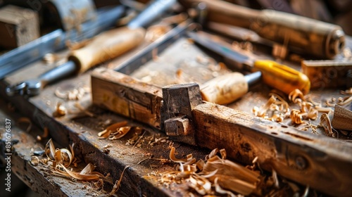A detailed close-up of a carpenter's workbench with various woodwork tools and wood shavings, capturing the essence of craftsmanship and manual labor. © Parintron