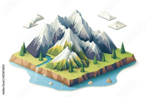 Isometric 3D mountains drawing, flat design, side view, alpine landscape theme, water color, Triadic Color Scheme photo