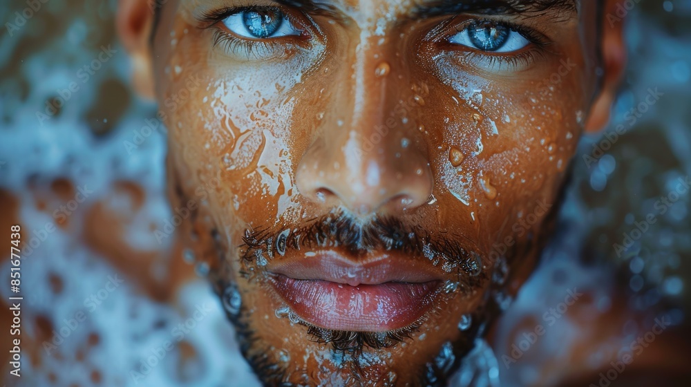 A close-up portrait of a man with striking blue eyes and wet skin, capturing the intricate details of water droplets on the face in a visually captivating manner A close-up portrait of a man with striking blue eyes and wet skin, capturing the intricate details of water droplets on the face in a visually captivating manner