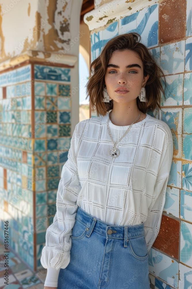 Young woman in stylish white blouse and denim jeans posing against a beautifully tiled wall in a bright and sunny setting Young woman in stylish white blouse and denim jeans posing against a beautifully tiled wall in a bright and sunny setting