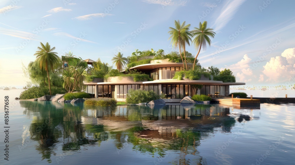Blueprints of a luxurious private island resort with innovative design and sustainable features Blueprints of a luxurious private island resort with innovative design and sustainable features
