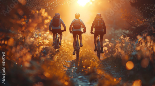 AERIAL LENS FLARE COPY SPACE SILHOUETTE: Fit tourists riding electric bicycles along a grassy path on a beautiful sunny spring day. Cinematic shot of three friends enjoying a scenic mountain bike ride