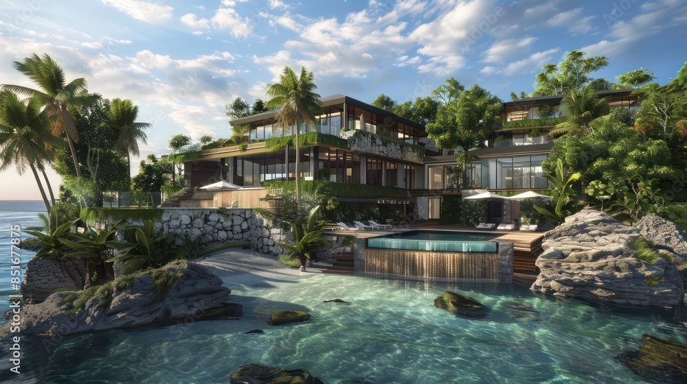 Blueprints of a luxurious private island resort with innovative design and sustainable features Blueprints of a luxurious private island resort with innovative design and sustainable features