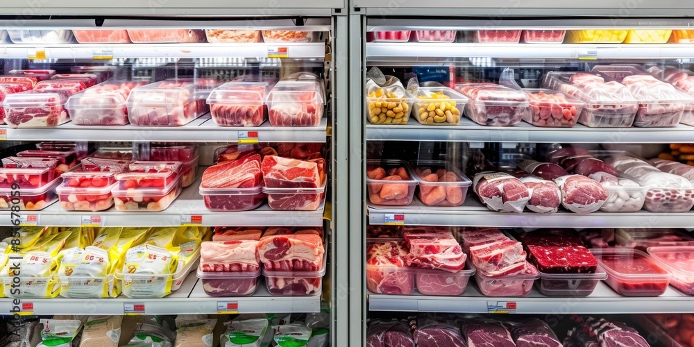 Fototapeta premium Open Refrigerator Shelves Displaying Various Types of Frozen Meats, Highlighting Carnivorous Diet, Protein-Rich Foods, Organic Delicacies, and Seasonal Ingredients in High-Resolution AI-Generated Wall