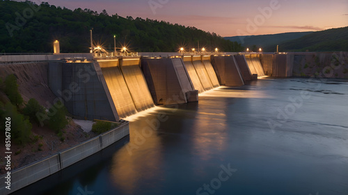 a hydroelectric dam at dusk, with the lights from the facility casting a warm glow on the water, and the surrounding landscape bathed in the soft colors of the setting sun