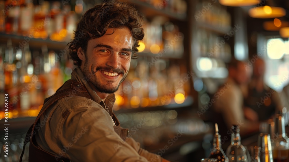 A cheerful bartender with a friendly smile at a stylish bar, surrounded by shelves full of various bottles, mixing drinks and engaging with patrons A cheerful bartender with a friendly smile at a stylish bar, surrounded by shelves full of various bottles, mixing drinks and engaging with patrons