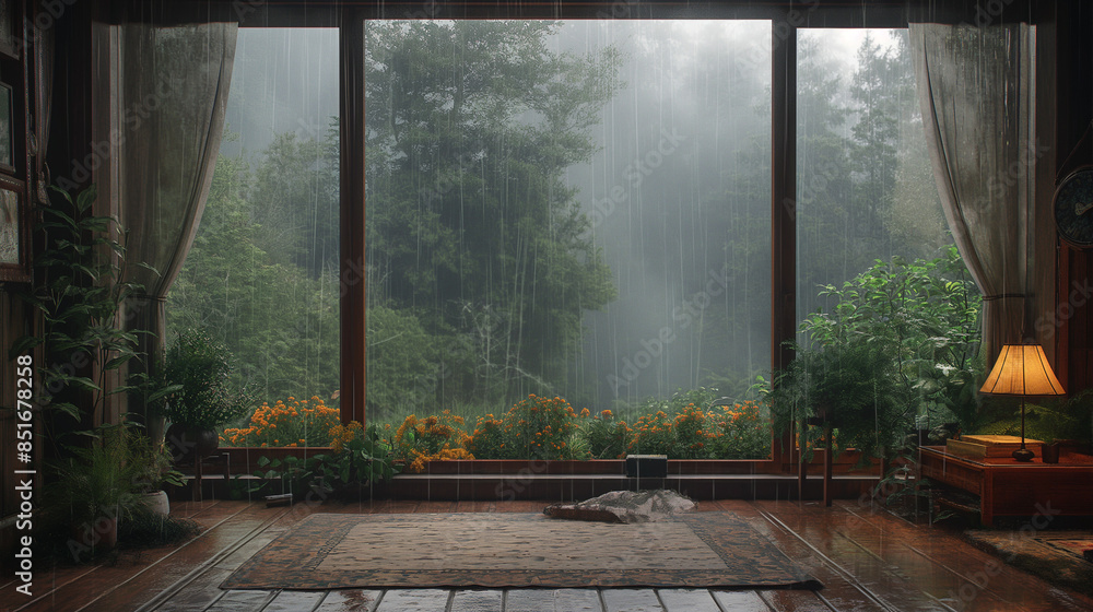 Cozy cabin interior, wooden floor, large window with a forest view, a rainy day outside, moody, atmosphere, realistic Cozy cabin interior, wooden floor, large window with a forest view, a rainy day outside, moody, atmosphere, realistic