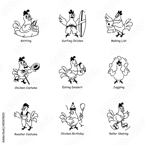 Bundle of Happy Roosters Doodle Icons