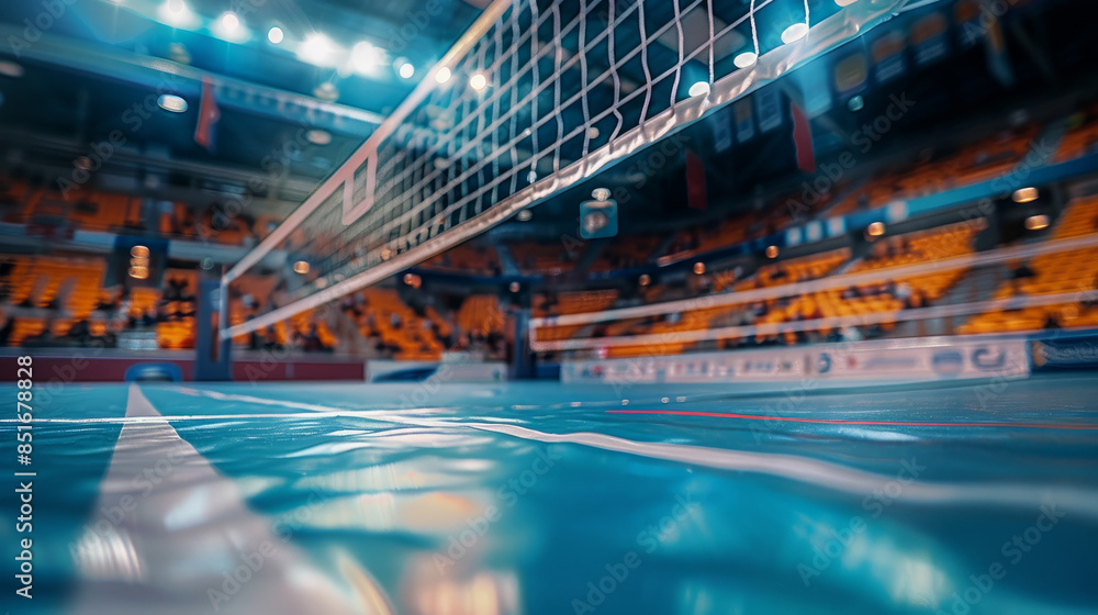 Fototapeta premium A volleyball court is shown from below, with spectators in the stands and empty space above. The camera focuses on the court in the foreground, blurring the background.