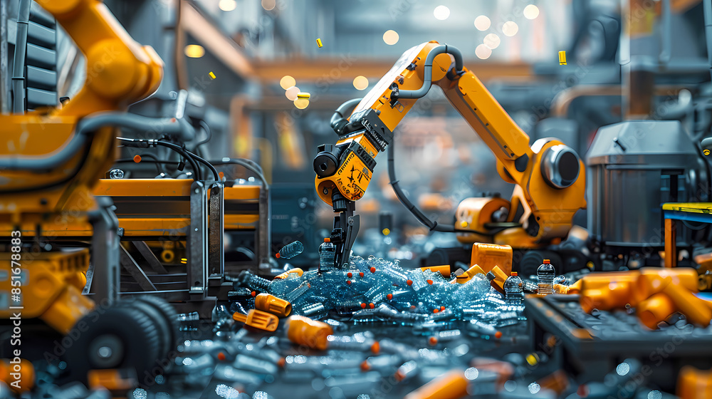 A robot arm is picking up plastic bottles in an industrial factory. with other machines and robots that work in different recycling stages A robot arm is picking up plastic bottles in an industrial factory. with other machines and robots that work in different recycling stages