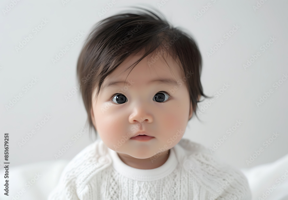 Closeup photo of Asian baby wearing white looking camera his head tilted one side background pure white photo taken using Canon EOS R5 using macro lens focusing capturing detail texture high Closeup photo of Asian baby wearing white looking camera his head tilted one side background pure white photo taken using Canon EOS R5 using macro lens focusing capturing detail texture high