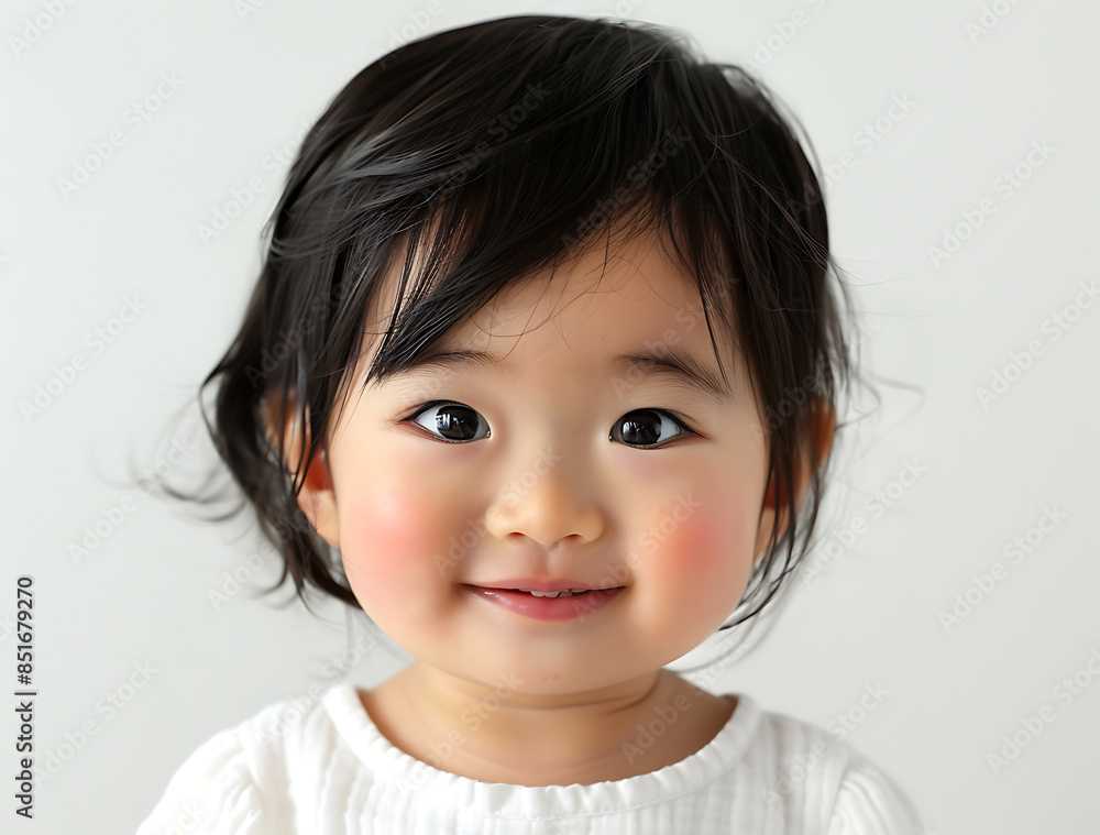 Closeup photo of Asian baby black hair wearing white smiling camera pure white background composition symmetrical bright indoor lighting creating soft shadow highlight her feature She big eye clear Closeup photo of Asian baby black hair wearing white smiling camera pure white background composition symmetrical bright indoor lighting creating soft shadow highlight her feature She big eye clear