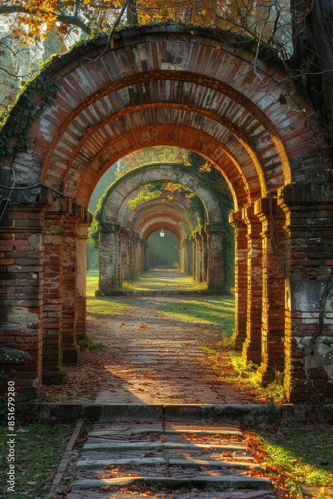 Fototapeta premium Majestatyczna ceglana ścieżka łukowa skąpana w rozproszonych promieniach słońca, prezentująca połączenie historycznej architektury i jesiennego piękna natury