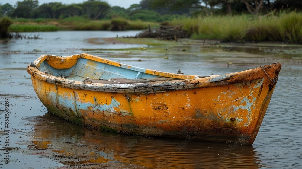 A vibrantly colored, weather-beaten yellow and blue wooden boat sits partially submerged in shallow, marshy waters under an overcast sky, surrounded by lush green vegetation A vibrantly colored, weather-beaten yellow and blue wooden boat sits partially submerged in shallow, marshy waters under an overcast sky, surrounded by lush green vegetation