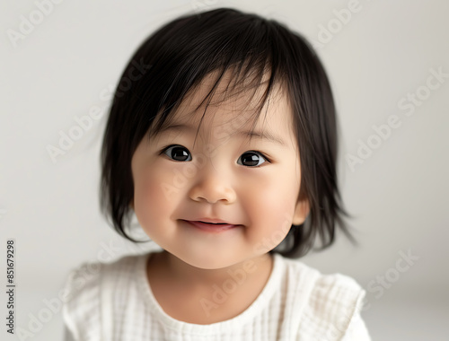 Closeup photo of Asian baby black hair wearing white smiling camera pure white background composition symmetrical bright indoor lighting creating soft shadow highlight her feature She big eye clear