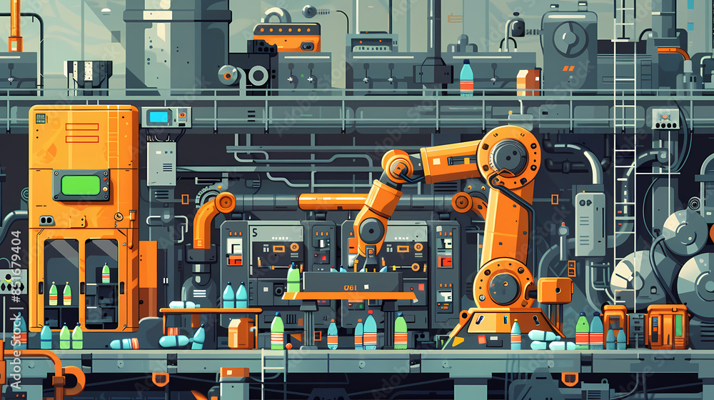 A robot arm is picking up plastic bottles in an industrial factory. with other machines and robots that work in different recycling stages A robot arm is picking up plastic bottles in an industrial factory. with other machines and robots that work in different recycling stages