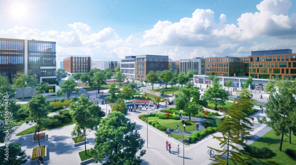 Fototapeta premium Blueprints of a modern urban redevelopment project with mixed-use buildings and green spaces