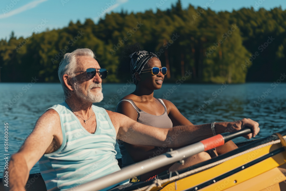 Smiling interracial senior couple enjoying a sunny boat ride on a lake surrounded by lush green forest.