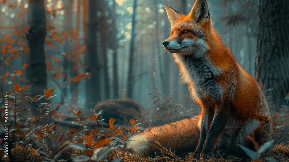 Fototapeta premium A majestic red fox sits attentively in an enchanting forest, surrounded by autumn leaves and a tranquil, misty atmosphere.