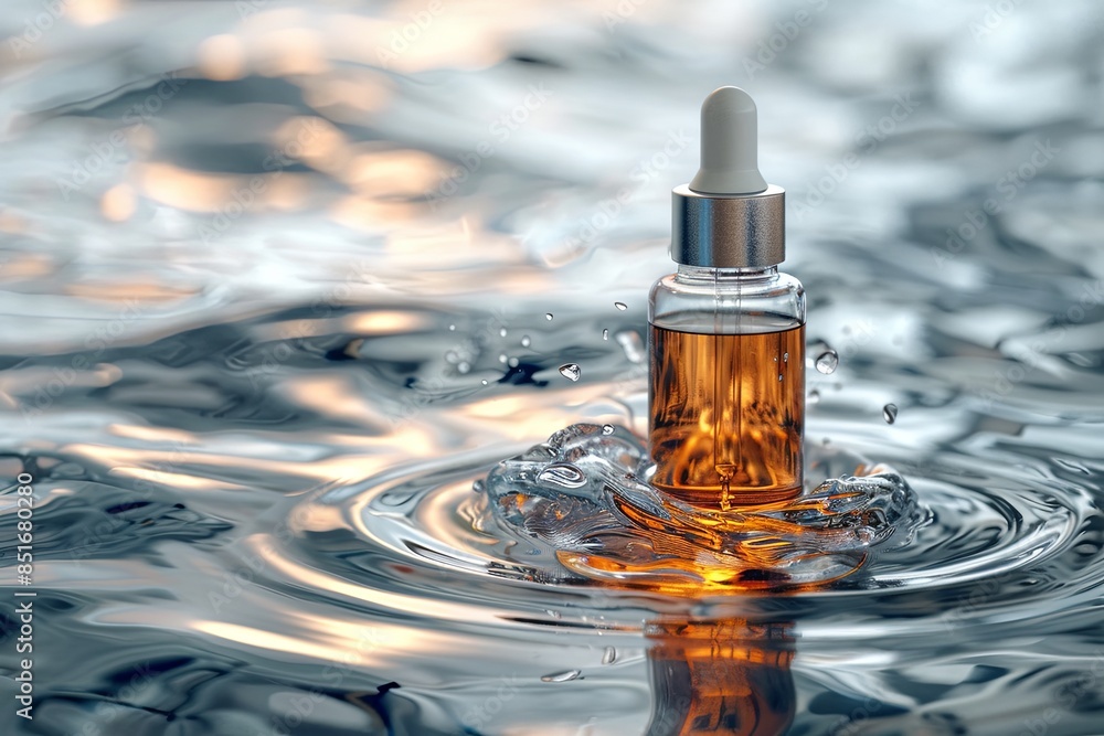 Glass Dropper Bottle Floating on Rippling Water With Orange and Blue Reflections Glass Dropper Bottle Floating on Rippling Water With Orange and Blue Reflections