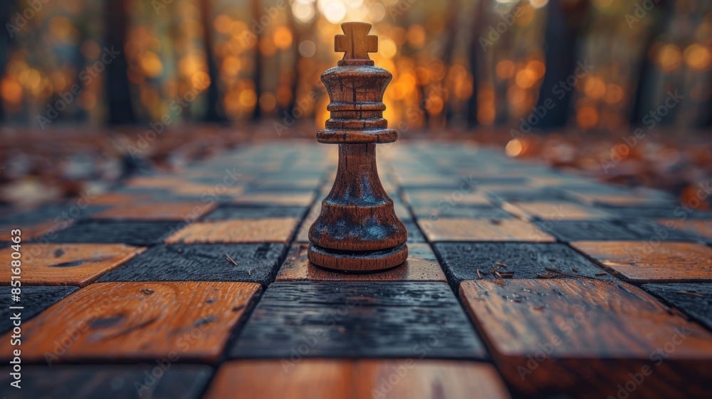 A majestic single chess piece stands prominently on an outdoor chessboard with a captivating forest backdrop during a golden autumn sunset A majestic single chess piece stands prominently on an outdoor chessboard with a captivating forest backdrop during a golden autumn sunset