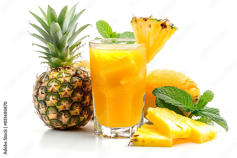 Smoothies pineapple in glass cup, pineapple fruit, and leaf mint inside. Isolated on white background.