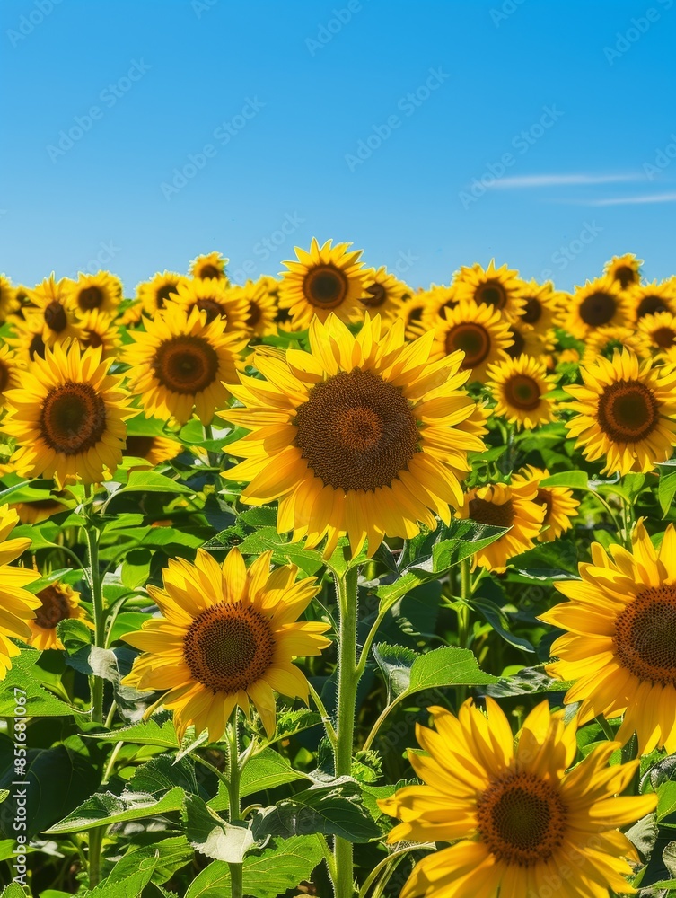 Fototapeta premium A vibrant sunflower field in full bloom under a clear blue sky, showcasing nature's beauty and the bright yellow of sunflowers.