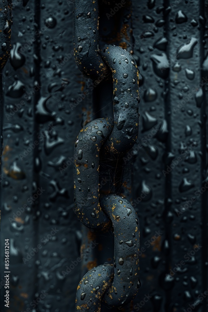 A close-up shot of a rusty metallic chain dampened with water droplets, highlighting textures and wear against a blurred industrial backdrop, exemplifying strength and decay A close-up shot of a rusty metallic chain dampened with water droplets, highlighting textures and wear against a blurred industrial backdrop, exemplifying strength and decay