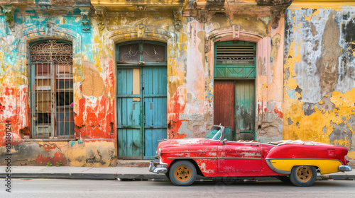 An antique American car drives along the historic streets of Havana, Cuba.