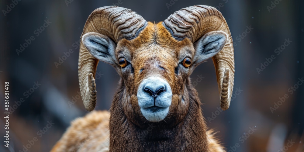 A close-up portrait of a majestic bighorn sheep with impressive curved horns and distinctive facial features, expertly captured against a natural blurred background A close-up portrait of a majestic bighorn sheep with impressive curved horns and distinctive facial features, expertly captured against a natural blurred background