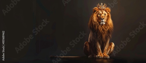 A regal lion with a jeweled crown, seated in an elegant pose on a dark minimalist backdrop, emphasizing its power and authority photo