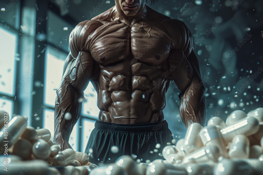 Muscular man standing above pills in a gym setting Muscular man standing above pills in a gym setting