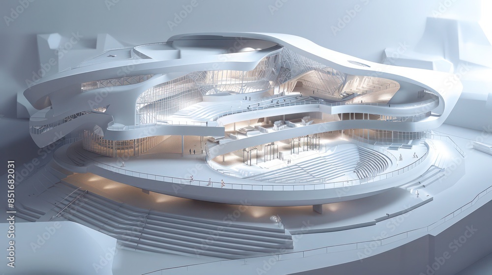 Detailed architectural plans for a state-of-the-art performing arts center with theaters and rehearsal spaces Detailed architectural plans for a state-of-the-art performing arts center with theaters and rehearsal spaces