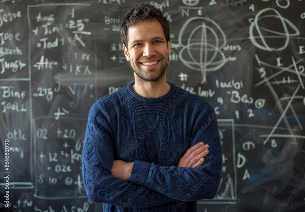 A man is smiling in front of a blackboard with mathematical equations on it A man is smiling in front of a blackboard with mathematical equations on it