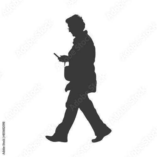 Silhouette of woman walking, focused on smartphone.