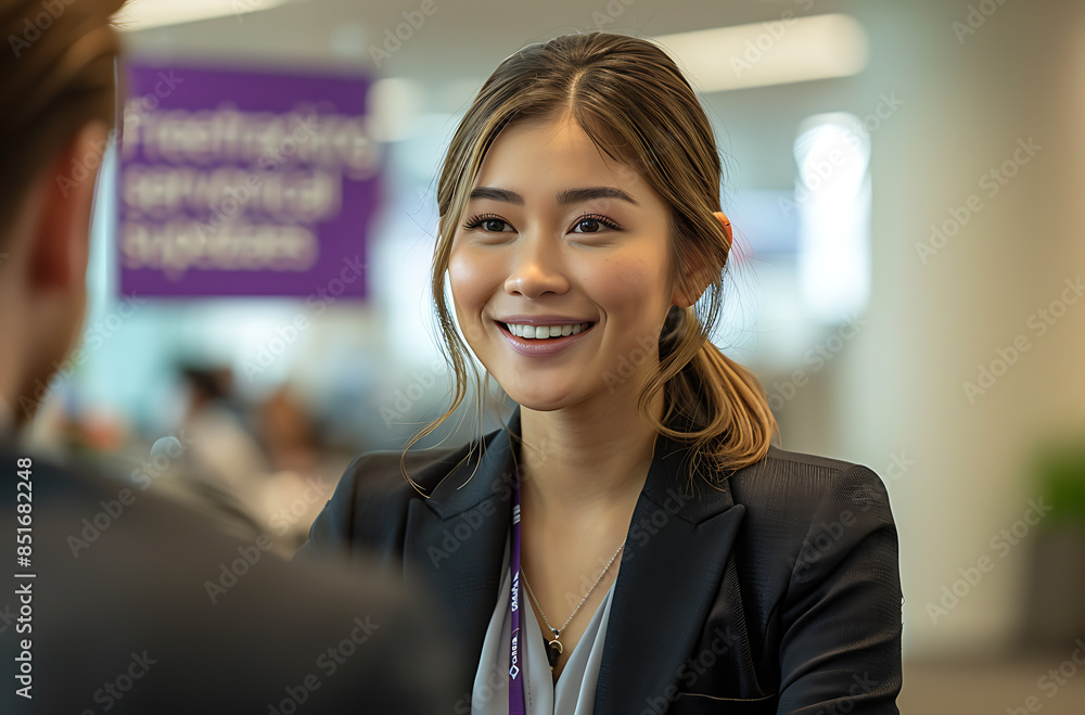 Obraz premium photo of Asian business woman talking her bos office wearing professional attire smiling him confidence background blurred out white text say Freetracking service below She short hair wear black suit