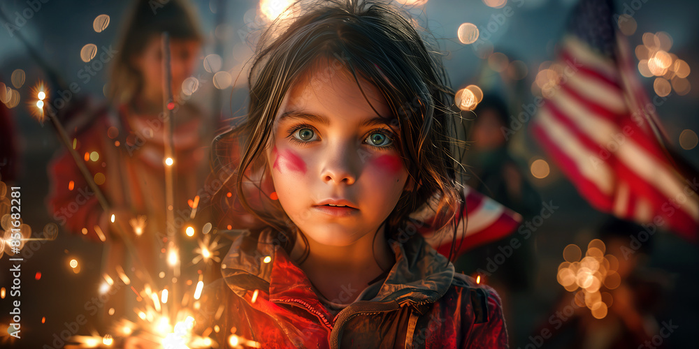 A young girl with sparklers, capturing the joy of Independence Day the Fourth of July, American flags on background. A young girl with sparklers, capturing the joy of Independence Day the Fourth of July, American flags on background.