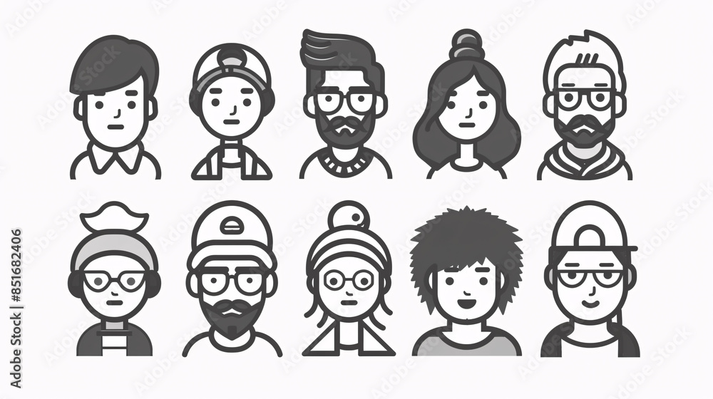 Black and white stroke icons of people in different roles such as businessman, teacher, and student Black and white stroke icons of people in different roles such as businessman, teacher, and student