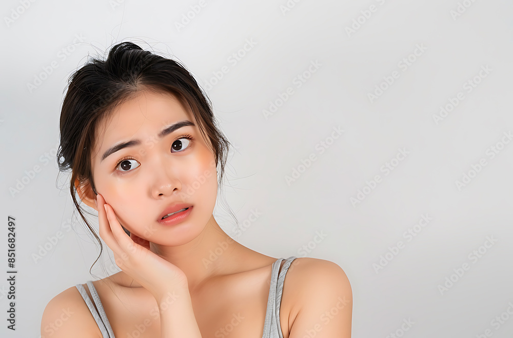 photo of Asian woman her early mid20s touching side of their face one hand looking slightly worried or resolutionly She wearing light gray tank top standing against white background focus should photo of Asian woman her early mid20s touching side of their face one hand looking slightly worried or resolutionly She wearing light gray tank top standing against white background focus should